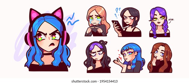 Set of streamer gamer girls expression stickers or badges. Vector illustration