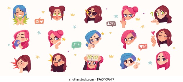 Set of streamer gamer girls expression stickers or badges. Vector illustration