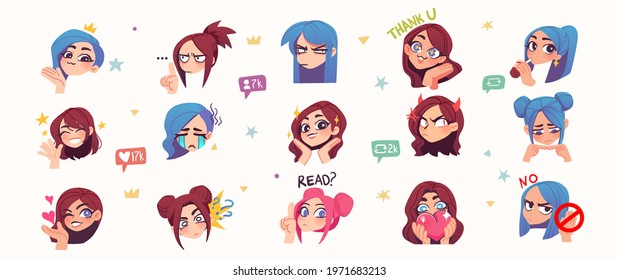 Set of streamer gamer girls expression stickers or badges. Vector illustration