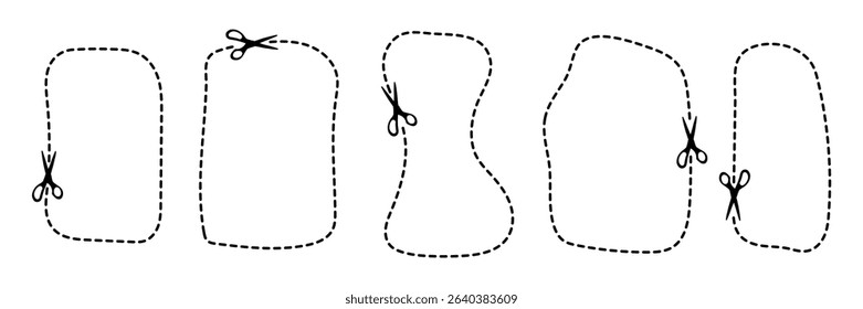 Set of streamlined templates for coupons or stickers. Dashed black line, dotted line with scissors. Vector set of irregular shaped frames for discounts, scrapbook and design.