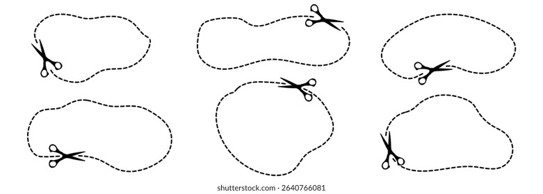 Set of streamlined templates for coupons or stickers. Dashed black line, dotted line with scissors. Vector set of irregular shaped frames for discounts, scrapbook and design.
