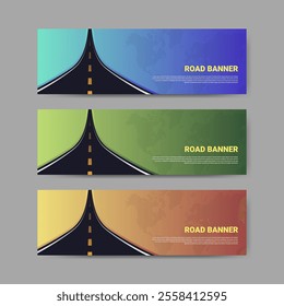 Set of street banner design templates. Transportation and travel industry. Available in 3 background color variations blue, green and orange.