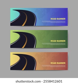 Set of street banner design templates. Transportation and travel industry. Available in 3 background color variations blue, green and orange.