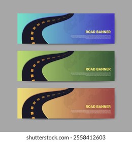 Set of street banner design templates. Transportation and travel industry. Available in 3 background color variations blue, green and orange.