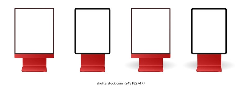 Set of street billboards. Black and red city lightbox. Display panels or signboards. Rectangular signposts. 3d mockup of a signboard with transparent or white screen and shadow