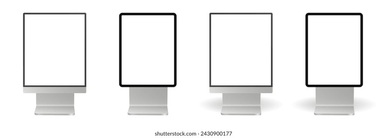 Set of street billboards. Black and white city lightbox. Display panels or signboards. Rectangular signposts. 3d mockup of a signboard with transparent or white screen and shadow