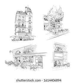 Set Of Street Cafe. Bordeaux. France. Hand Drawn Sketch. Vector Illustration.