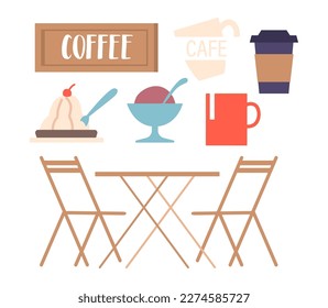 Set of Street Cafe Items. Coffee Signboard, Cake, Ice Cream and Cups. Wooden Table with Chairs Isolated on White