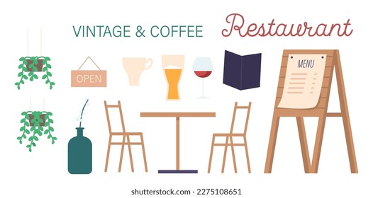 Set of Street Cafe Items. Coffee Cup, Beer, Wine, Menu and Plants. Wooden Table with Chairs, Open Signboard Isolated