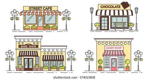 Set of street cafes isolated on white background. City skyline in line art style isolated on white background. Vector illustration of beautiful cityscape for real estate and property banner or card.