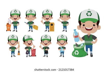 Set of street cleaner with different poses
