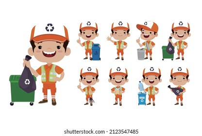 Set of street cleaner with different poses