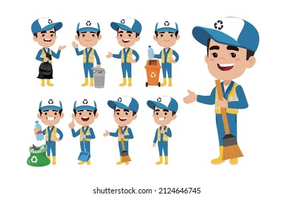 Set of street cleaner with different poses