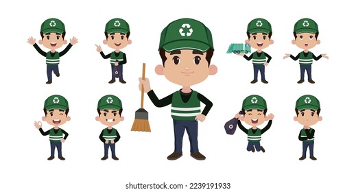 Set of street cleaner with different poses