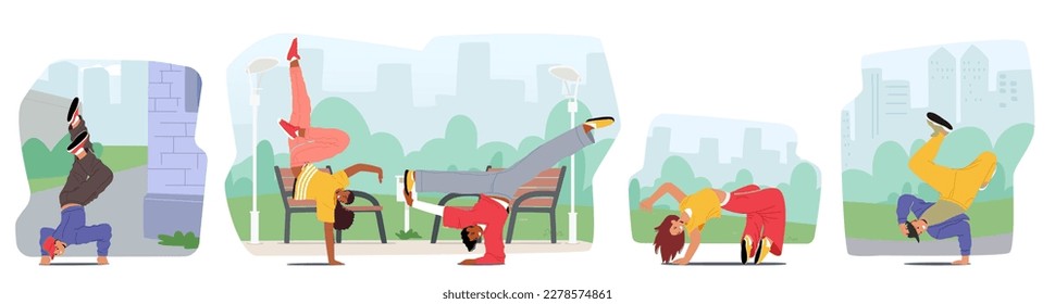 Set of Street Dancers Men and Women Character Captured Mid-movement With Energy And Expression. Dancers Skill, Music, Passion And Vibrancy Of Urban Culture Concept . Cartoon People Vector Illustration