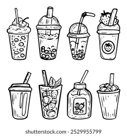 Conjunto de bebidas de rua mão desenhado rabiscar. Coquetel frio, café gelado, chá de bolha, milkshake, suco de frutas. Água fast food para ir. Ordem no café. Hora de comer. Ilustração da arte da linha de esboço do vetor.