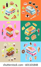 Set of street eatery on wheels concepts. Japanese and mexican national cuisine street restraints, fast food and and sweets snack-bars flat isometric vector. Popcorn and coffee cart store illustrations