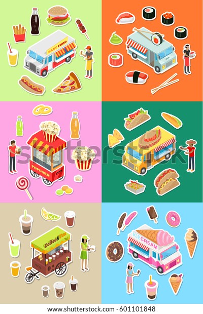 Set of street eatery on wheels concepts.\
Japanese and mexican national cuisine street restraints, fast food\
and and sweets snack-bars flat isometric vector. Popcorn and coffee\
cart store illustrations