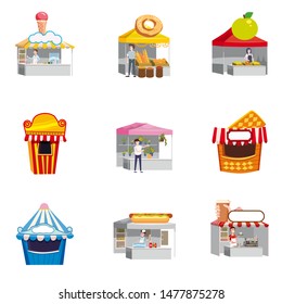 Set Street Fair Outdoor Market stalls, shops summer trade tents stalls, kiosks canopy, awnings, tents, ice cream, coffee, hot dog, flowers, bakery. Flowers, farmers food and products. Vector isolated