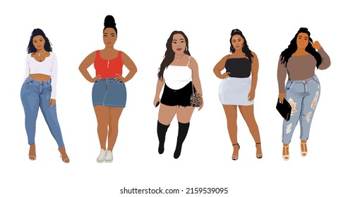 Set of street fashion black women vector illustrations. Attractive african american curvy girls wearing fashionable street style summer clothes. Cartoon style realistic vector illustrations isolated.