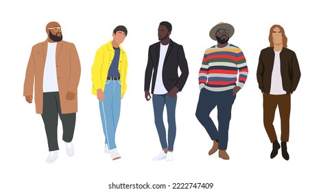 Conjunto de ilustraciones vectoriales de hombres de moda callejera. Distintos personajes masculinos de caricatura con atuendo moderno de moda en la calle.  Elegante aspecto casual. Aislado sobre fondo blanco.