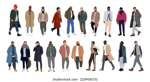 Conjunto de ilustraciones vectoriales de hombres de moda de la calle. Multitud de gente usando ropa moderna de moda estilo calle moderna de invierno vestido cálido parado y caminando a lo largo. Ilustración vectorial realista aislada en blanco