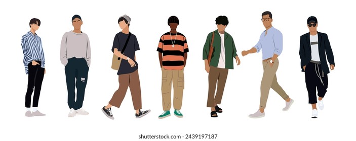 Set of Street fashion men vector illustrations. Young, mature men wearing trendy modern street style outfit standing and walking. Cartoon stylish male characters isolated. Not AI generated.