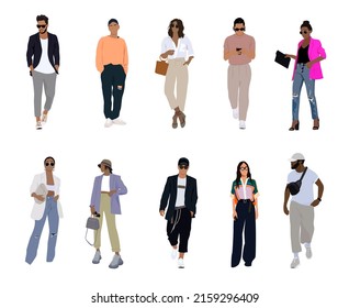 Set Of Street Fashion Vector Illustrations. Young People, Men And Women, Wearing Modern Trendy Clothes. Spring And Summer Fashionable Outfit. Cartoon Style Fashion Illustration Isolated On White.