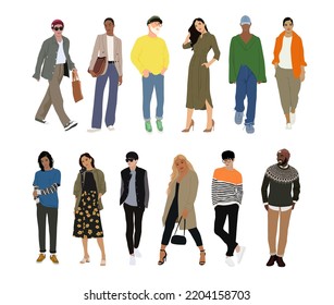 Set of street fashion vector illustrations. Young people, men and women, wearing modern trendy clothes. Spring and autumn fashionable outfit. Cartoon style fashion illustration isolated on white.