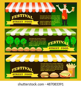 Set Street fast food festival flyers. Flat style colorful vector illustration with seller, hamburger, potato fries, hot dog, design elements.