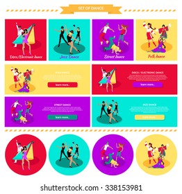 Set street folk dance jazz disco. Dancing music, event party, people boy and girl, art show performance, sound lifestyle, musical nightlife illustration in flat design. Set of banners