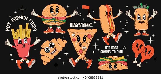 Set of street food. Characters with faces and expression. Set of food in groovy style. Burgers, hot dog, croissant, fries, pizza, tacos, chicken legs, sandwich. Y2k. Trendy psychedelic design. Hippie.