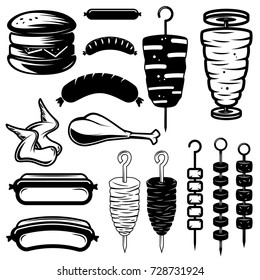 Set of street food design elements. Burger, hot dog, kebab, chicken wings, barbecue. Design element for logo, label,emblem, sign. Vector illustration
