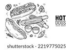 Set of street food. Fast food, hot dog, classic and with vegetables, sauce, ketchup. Hand drawing sketches