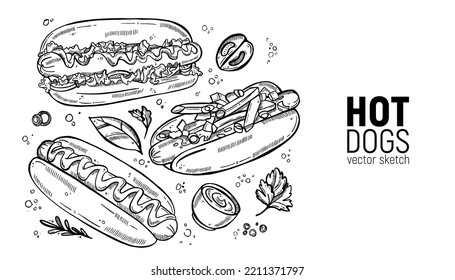 Set of street food. Fast food, hot dog, classic and with vegetables, sauce, ketchup. Hand drawing sketches