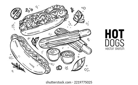 Set of street food. Fast food, hot dog, classic and with vegetables, sauce, ketchup. Hand drawing sketches