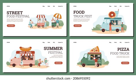 Set of street food festival landing pages templates, flat vector illustration. People buy and eat fast food from van and truck. Selling ice cream, donut, hot dog and pizza at summer outdoor fest.