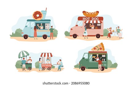 Set of street food festival with takeaway meals - flat vector illustration isolated on white background. People buying and selling fast food in trucks or vans cafes. Summer outdoor recreation.