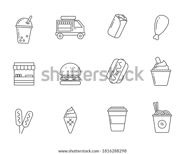Set of\
street food icon in linear style isolated on white background such\
as food truck, burger, hot dog and\
more