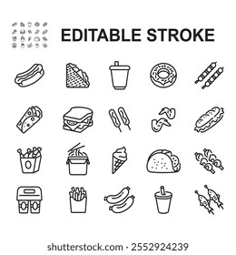 Set of street food icons, fast food. Thin line vector. Contains a variety of fast food such as hot dogs, sandwiches, kebabs and more.