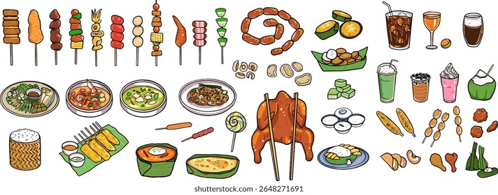 A set of street food isolated on white background. Tom Yum Goong, grilled chicken, pork, sticky rice, hot dog, curry, beverage, dessert. Illustrated with colored outlines. Vector and illustration.
