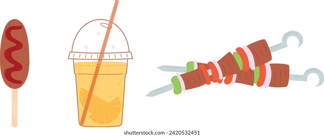 A set of street food items. Hand drawn fast food of orange juice, corndogs and kebabs on skewers. Street food in flat style on isolated white background