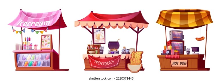 Conjunto de puestos de venta de comida callejera aislados en un fondo blanco. Dibujo vectorial de caricatura de tiendas que venden helados, fideos de cocina y perritos calientes al aire libre. Se celebran coloridos festivales. Pequeña empresa