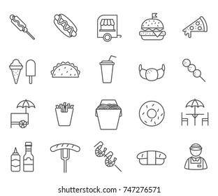 Set of street food Related Vector Line Icons. Includes such Icons as WOK, hot dog, hamburger, fries, doughnuts, noodles, croissants and more.