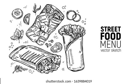 Set of street food. sandwich, fast food, burrito, shawarma, gyros, pita bread, kebab, doner. Hand drawing sketches