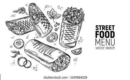 Set Of Street Food. Sandwich, Fast Food, Burrito, Shawarma, Gyros, Pita Bread, Kebab, Doner. Hand Drawing Sketches