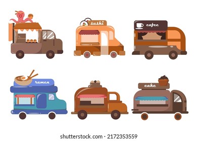 Set of Street food trucks various design for selling meal, beverage, bakery drawing cartoon style, vector illustration