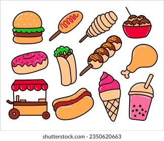 Set of street foods vector illustration with colorful hand-drawn style isolated on white background