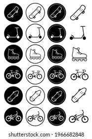 set of street icons. the set features skateboards, bicycles, roller skates, and a scooter