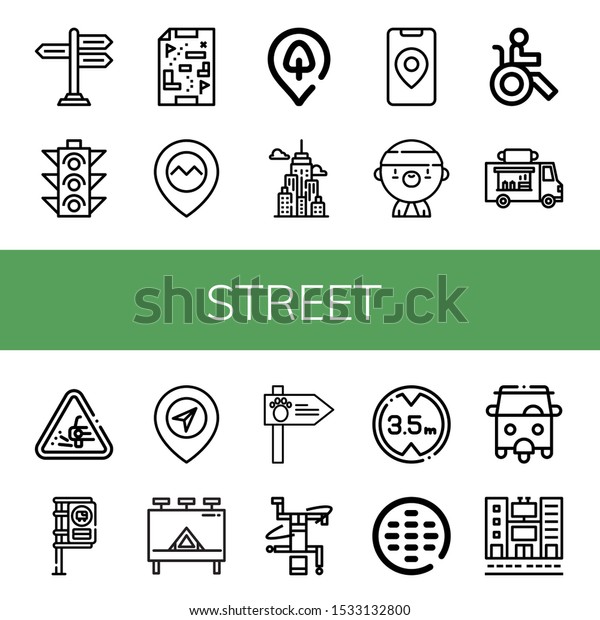 Set of street\
icons. Such as Signpost, Traffic light, Maps, Gps, Park location,\
City, Gangsta, Disabled, Food truck, Loose gravel, Bus stop,\
Billboard, Road sign , street\
icons